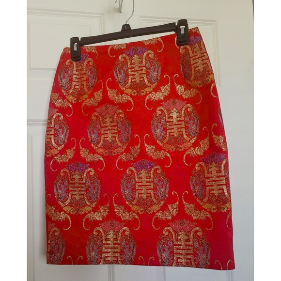 ALBERTA FERRETTI Red Brocade Pencil Skirt Luxurious Italian Designer Piece Sz 12 - Picture 2 of 11